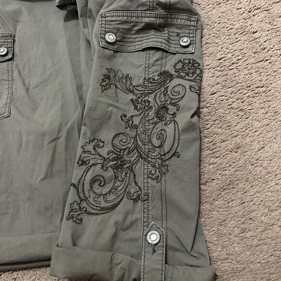 Cache Olive Green Cropped Cargo Pants w/ Rollup Button Hems - Sz 8 Vintage Y2K - Picture 5 of 8